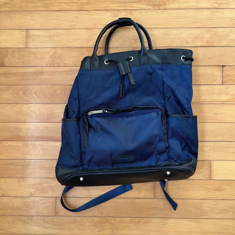 Versace Parfums Navy Blue Nylon Convertible Backpack Tote Bag Silver Hardware